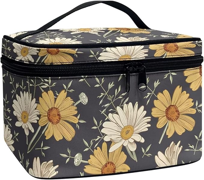 Cottagecore forest Daisy Flower Pattern Travel Makeup Bag for Women,Multifuntional Makeup Organizer,Large Capacity Cosmetic Bag,Toiletry Bag for Women with Zipper and Portable Handle
