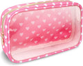 Small Clear Travel Makeup Organizer Bag for Purse, Preppy Makeup Bag Cute Cosmetic Zipper Pouch Purse, Transparent PVC & Nylon Waterproof Makeup Brush Bag Toiletry Storage for Women Girls(Pink Heart)