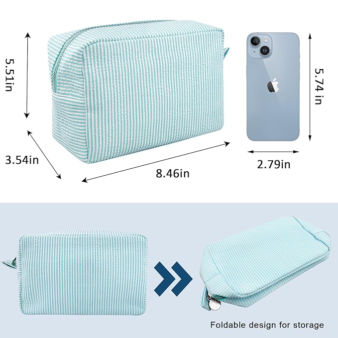 GFU Cosmetic Bags for Women, Seersucker Cosmetic Bag, Travel Toiletry Stripe Makeup Bag, Large Women Aesthetic Organizer Storage Pouch, Girls Handbags Purses