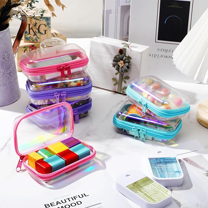 Sanwuta 6 Pcs Clear Hard Zipper Case Hard Plastic Zipper Pouches Makeup Bag Pencil Pouches Transparent Cases for Snacks Plastic Storage Organizer Box for Travel(Holographic,5 x 3 x 2 Inch)