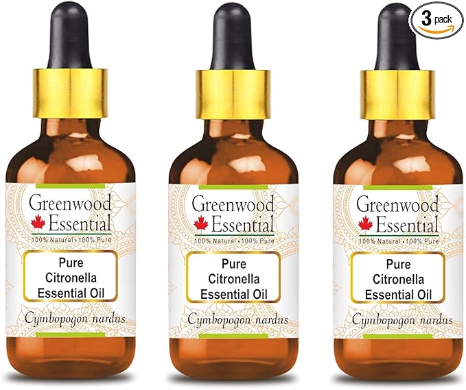 Greenwood Essential Pure Citronella Essential Oil (Cymbopogon nardus) with Glass Dropper Steam Distilled (Pack of Three) 100ml X 3 (10.1oz)