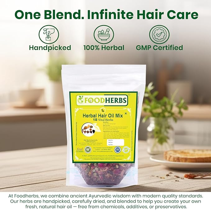 Foodherbs Premium Herbal Hair Oil Mix with 18 Ayurvedic Herbs for Natural Growth | 2x Long Hair | Strong Roots | Fuller Volume | Shiny Healthy Strands | DIY Oil Infusion | Hair Care | Thanks Giving