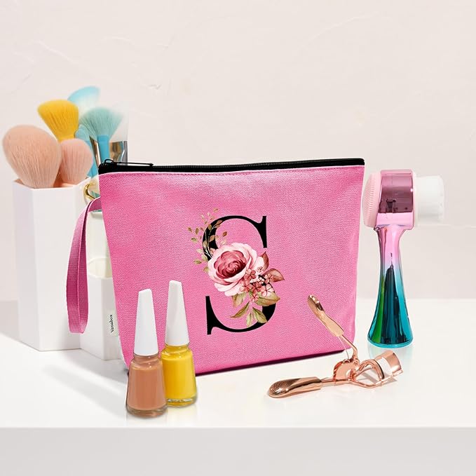 Vavabox A-Z Personalized Makeup Bag, Birthday Gifts for Women Mom, Gifts for Best Friend, Bride Bridesmaid Cosmetic bag (S, Peach)