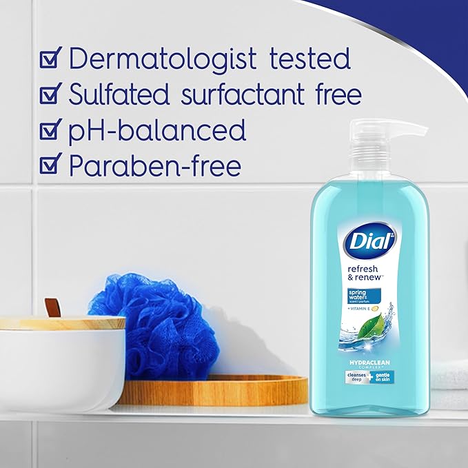 Dial Body Wash, Refresh & Renew Spring Water, 23 Fl Oz (Pack of 3), Hydraclean Complex & Vitamin E, Gentle, Leaves Skin Feeling Nourished, Dermatologist-Tested, No Parabens & Sulfates