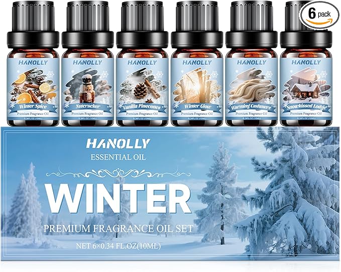 Winter Fragrance Oil Set, 6 Premium Holiday Essential Oils Set for Diffuser, Candle Making - Winter Spice, Winter Glow, Nutcracker, Warming Cashmere, Vanilla Pinecones, Snowkissed Lodge Scented Oil