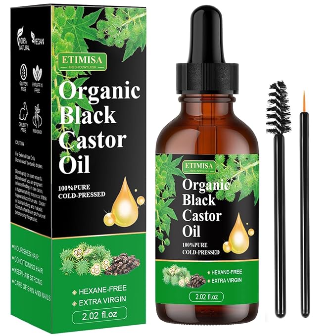Organic Black Castor Oil,100% Pure Natural ,Cold Pressed, Glass Bottles, Hair,Eyebrow Care, Skin Care, Castor Oil for Body & Carrier Oil