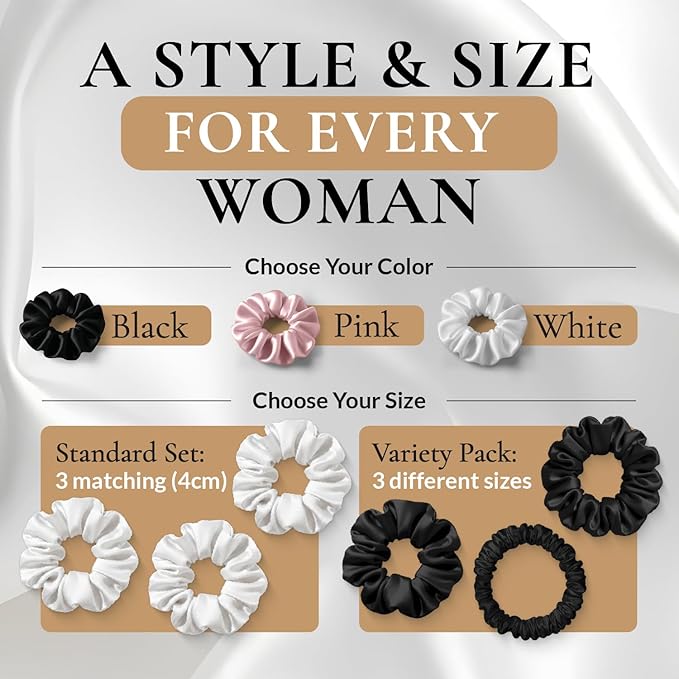 100% Pure 22 Momme Mulberry Silk Scrunchies (Set of 3) | Highest grade (6A) Luxury Hair Ties| (Black,White,Pink) | (Pink, Standard/Small/Skinny)