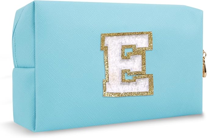 Personalized Chenille Letter Preppy Patch Makeup Bag, Small Blue Cosmetic Organizer Initial Toiletry Zipper Pouch Monogram Makeup Storage, Waterproof Makeup Case Travel Essentials for Women(Letter E)