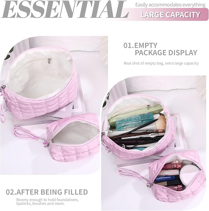 Richeart Makeup Bag Travel Toiletry Bag - Checkered Down Cotton Makeup Pouch for Women with Cosmetic and Pencil, Aesthetic Pink Design, 2 Pieces