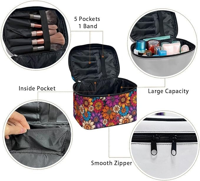 Vibrant Hippie Flower Pattern Travel Makeup Bags for Women Portable Tote Cosmetic Case with Carry Handle Toiletry Accessories Storage Organizer Bags