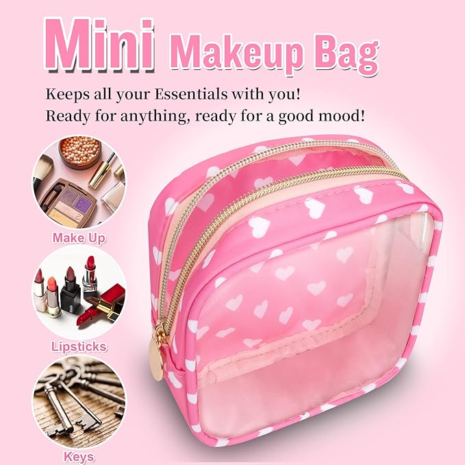 Mini Clear Travel Makeup Organizer Bag for Purse, Small Cute Preppy Pink Makeup Bag Cosmetic Zipper Pouch Purse, Transparent PVC & Nylon Waterproof Toiletry Storage Clutch for Women Girls(Pink Heart)