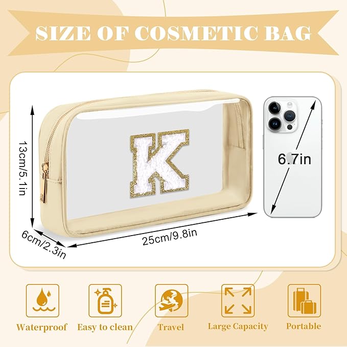 Personalized Initial Letter Clear Makeup Bag,Preppy Small Nylon&PVC Cosmetic Zipper Bag with Chenille Letter,Portable Beach Travel Skincare Toiletry Bag,Trendy Monogram Gift for Teen Girls Women,K