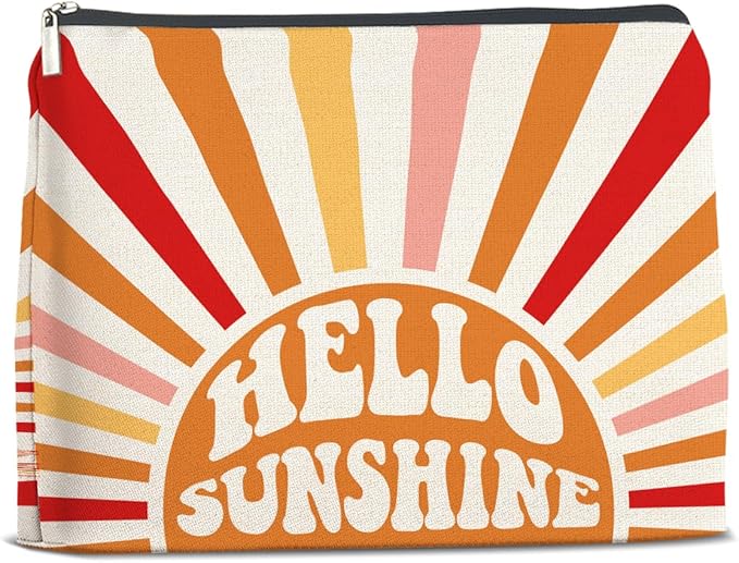 Inspirational Gifts Hello Sunshine Makeup Bag, Positve Gifts for Women, Boho Sunrise Sunshine Zipper Makeup Pouch