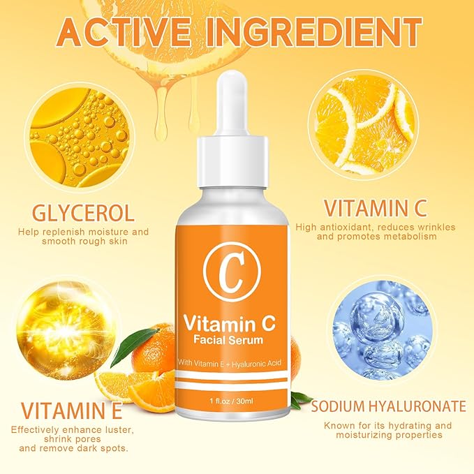 Premium 20% Vitamin C Serum for Face with Vitamin E, Sodium Hyaluronate - Boost Skin Collagen,Hydrate & Plump Skin, Anti Aging & Wrinkle Facial Serum (1 Fl Oz, Scented)