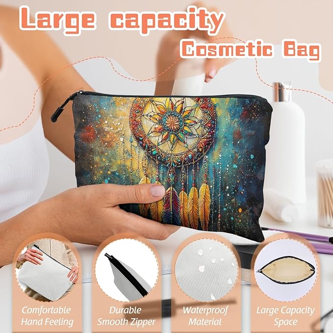 Cosmetic Bags Travel Makeup Toilet Case Waterproof Pouch for Women Girls 6.7X9.45inches - Ornate Dreamcatcher With Colorful Feathers And Beads