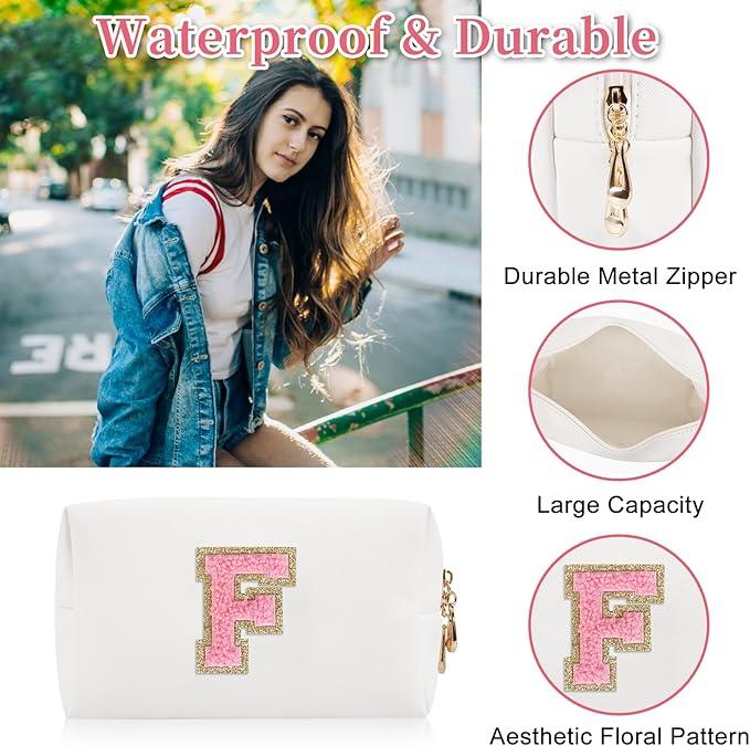 Personalized Initial Letter Patch Makeup Bag, Preppy Portable Chenille Letter Cosmetic Bag with Zipper, PU Leather Waterproof Travel Toiletry Bag Monogram Make Up Pouch for Women Girls(Letter F)