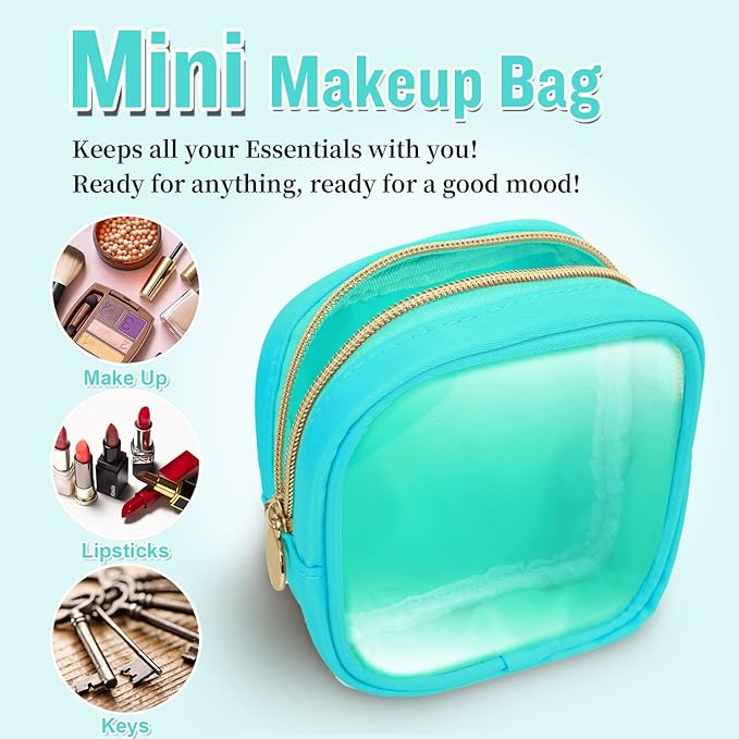 Mini Clear Travel Makeup Organizer Bag for Purse, Small Cute Preppy Makeup Bag Cosmetic Zipper Pouch Purse, Transparent PVC & Nylon Waterproof Travel Toiletry Storage Clutch for Women Men Girls(Mint)