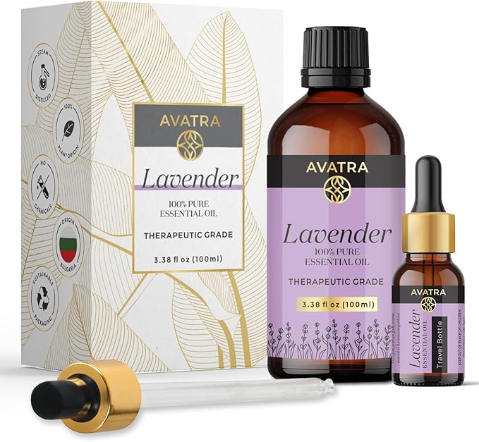 Avatra Lavender Essential Oil 100ML (3.38 OZ) with Glass Dropper and Travel Bottle, Pure and Natural Therapeutic Grade Lavender Oil for Diffuser, Aromatherapy, Massage, and DIY Candle Products