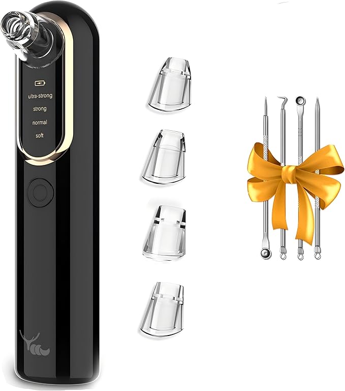 Yccu Blackhead Remover Vacuum Pore Extractor Black Head Remover for Face and Nose Blackhead Extractor Tool Pore Cleane Vacuum with USB Charge 4 Modes 5 Suction Heads for Women and Men (Black)