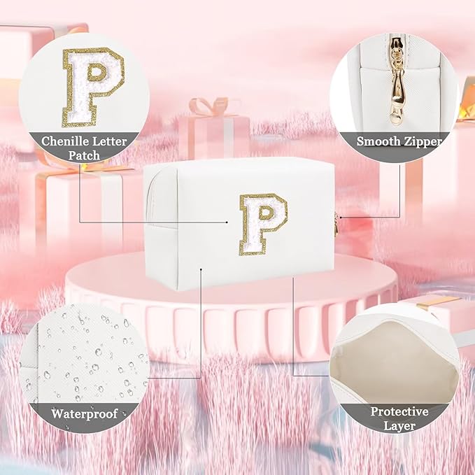 Small Personalized Letter Makeup Bag, Cute PU Leather Chenille Letters Cosmetic Bag Travel Makeup Pouch, Preppy Travel Organizer Zipper Pouch for Women&Girls（White-P）