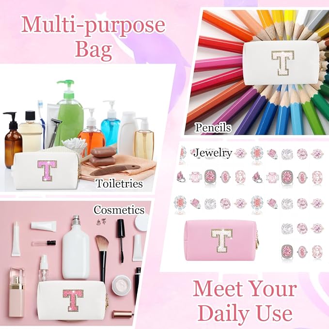 Glitter Initial Letter Makeup Bag, Small Personalized Sequins Letters PU Leather Cosmetic Bag Portable Waterproof Makeup Zipper Pouch, Shine Handbag Organizer Travel Bag Gifts for Women&Girls(White-T)