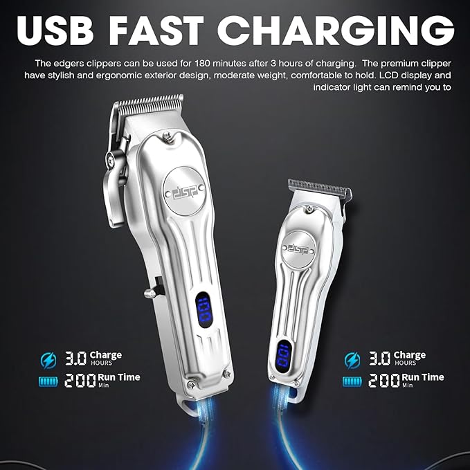 DSP Professional Hair Clipper for Men, Clipper and Trimmer Set - Electric Clipper for Hair Cutting, Cordless Barber Clipper Set with LED Display for Men Gift (Silver)