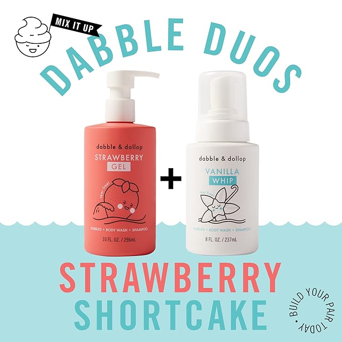 Dabble & Dollop Strawberry + Vanilla Body Wash & Shampoo – 3-in-1 Natural Bubble Bath for Kids, No Parabens or Sulfates, Vegan, Gluten-Free, Tear-Free (2-Pack)