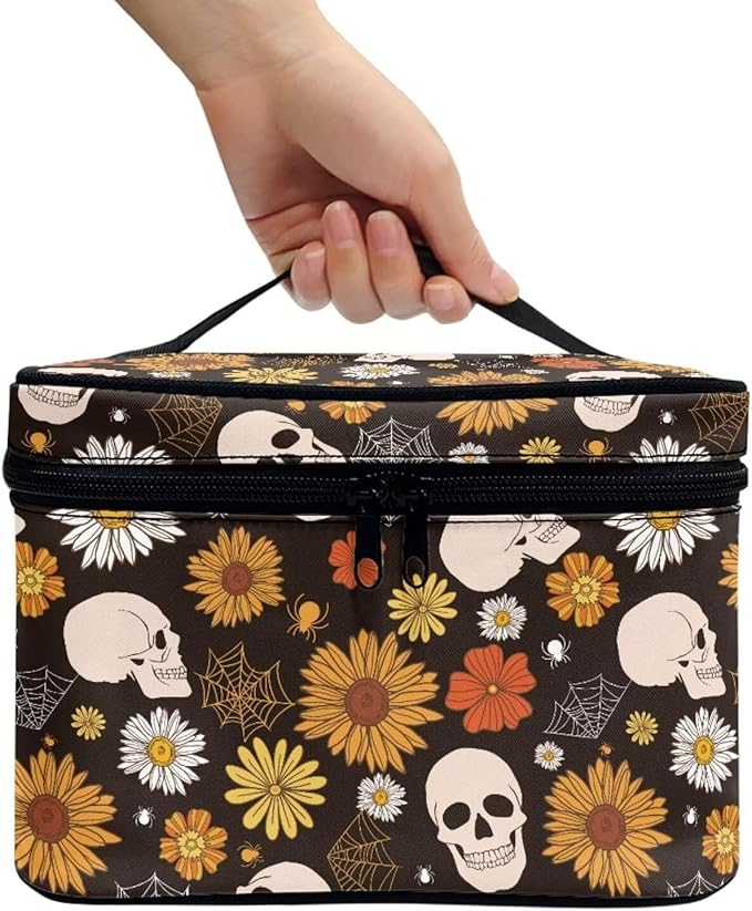Gothic Skull Daisy Floral Pattern Travel Makeup Bag for Women Large Capacity Cosmetic Bags with Zipper and Handle Make Up Tote Bags Organizer Portable Toiletry Bags