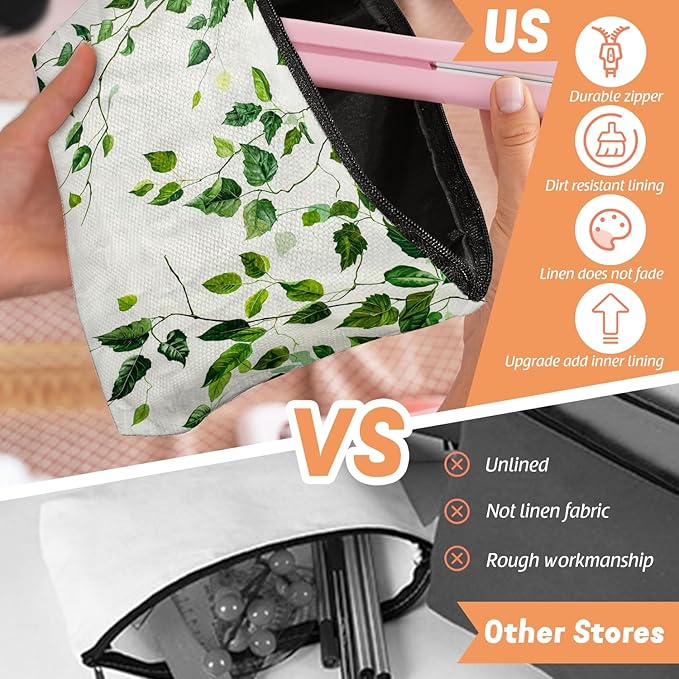 Makeup Bag Travel Cosmetic Bags Small Makeup Case Waterproof Zipper Pouch for Women Girls 7X9inches - Green Ivy Leaves Cascading on White