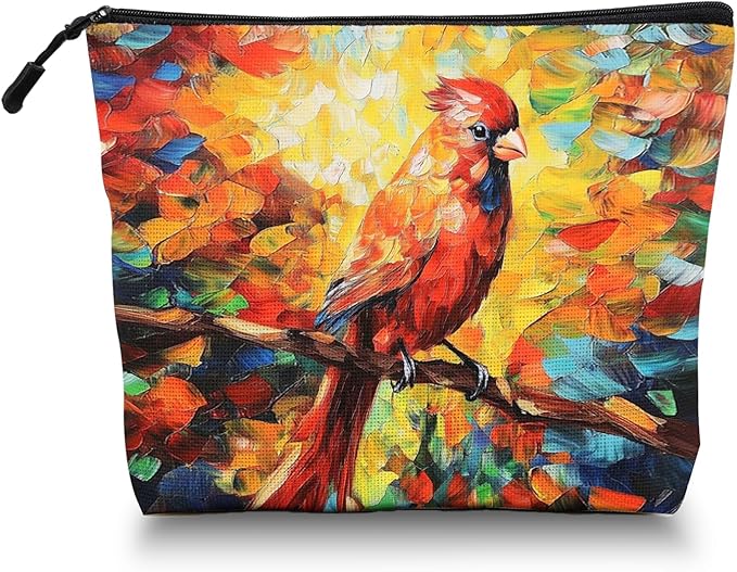 Cosmetic Bags Travel Makeup Toilet Case Waterproof Pouch for Women Girls 6.7X9.45inches - Red Bird Perched on Branch