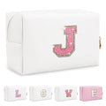 Small Initial Patch Makeup Bag Personalized Gifts Make Up Bag,White Cute PU Leather Glitter Letter Cosmetic Bag with Zipper,Trendy Portable Travel Toiletry Pouch,Preppy Stuff for Teen Girls Women J