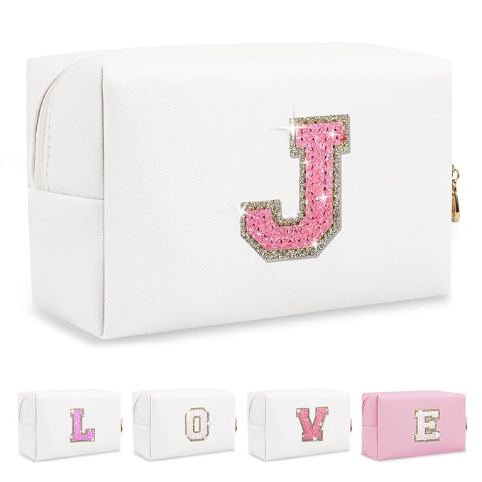 Small Initial Patch Makeup Bag Personalized Gifts Make Up Bag,White Cute PU Leather Glitter Letter Cosmetic Bag with Zipper,Trendy Portable Travel Toiletry Pouch,Preppy Stuff for Teen Girls Women J