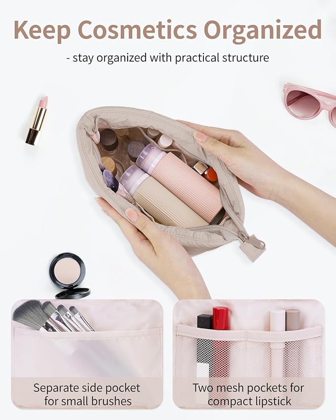 Narwey Small Makeup Bag for Travel Women Girl, Puffer Cosmetic Bag Makeup Pouch for Purse with Zipper, Cute Puffy Make Up Organizer Bags, Travel Toiletry Bag Toiletries (Khaki)