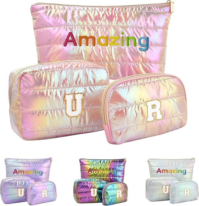 Hiroyuki Iridescent Quilted Makeup Bag, 3pcs Cosmetic Bag Set, Large Capacity Travel-Friendly Pouch (URAmazing, pink)