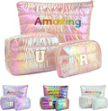 Hiroyuki Iridescent Quilted Makeup Bag, 3pcs Cosmetic Bag Set, Large Capacity Travel-Friendly Pouch (URAmazing, pink)