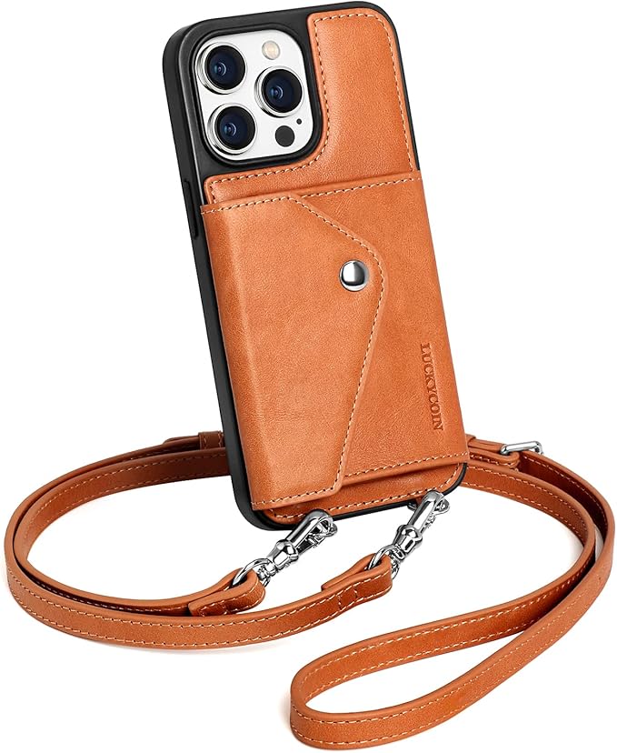 LUCKYCOIN Crossbody Wallet Phone Case for iPhone 15 Pro Max,100% Genuine Leather Wallet Phone Case with Expandable Flip Card Holder,Phone Purse for Women with Adjustable Removable Strap - Brown