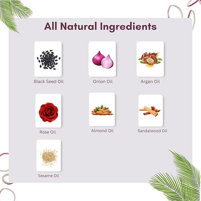 Hair Treatment Oil with Red Onion, Oil blends of Black Seed, Pure Argan, Sandalwood & Rose - 200 Ml/6.7 fl oz