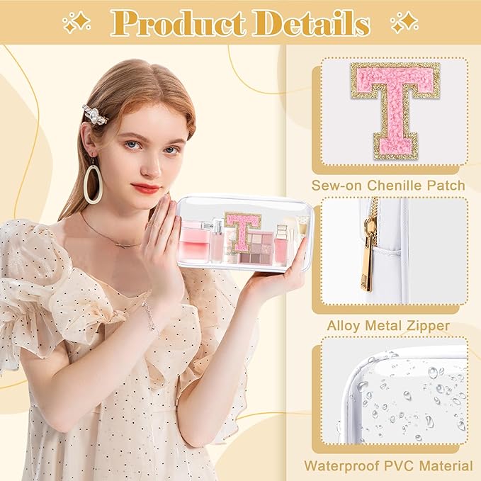 Personalized Initial Letter Clear Makeup Bag,Preppy Small Nylon&PVC Cosmetic Zipper Bag with Chenille Letter,Travel Skincare Toiletry Bag,Monogram Christmas Gift for Teen Girls Women,T