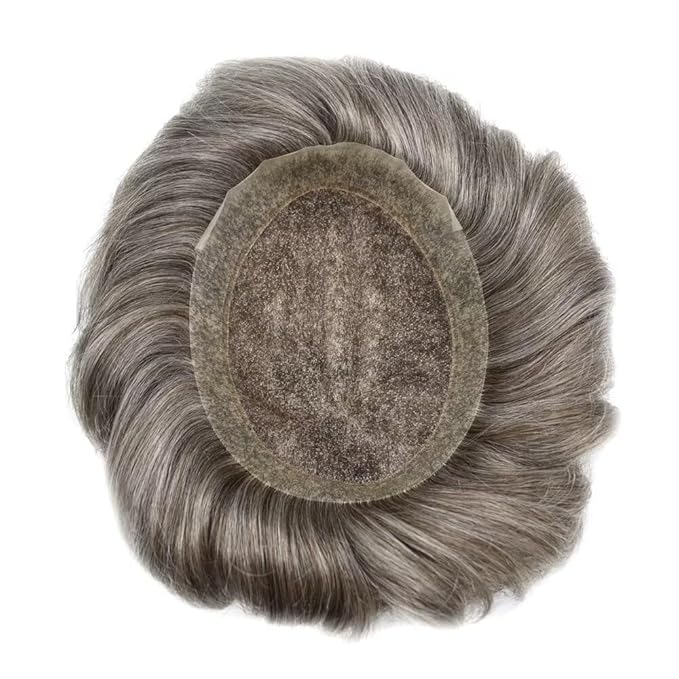 Mens Toupee Human Hair Piece French Lace Toupee for Man Hair System Indian Human Hair Replacement Systems V-Looped PU Front Hairpieces 7"X9" #365 Dark Brown with 65% Gray