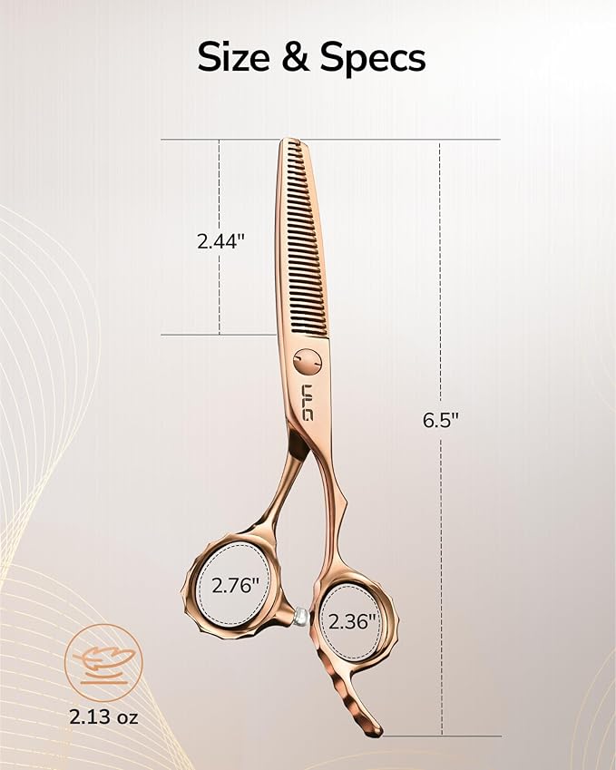 ULG Professional V-Tooth Hair Thinning Scissors Luxury 18K Rose Gold Coated 6.5" Barber Scissors 440C Japanese Stainless Steel Hand-Honed Convex Blades Offset Handles Tension Adjustable, Right-Handed