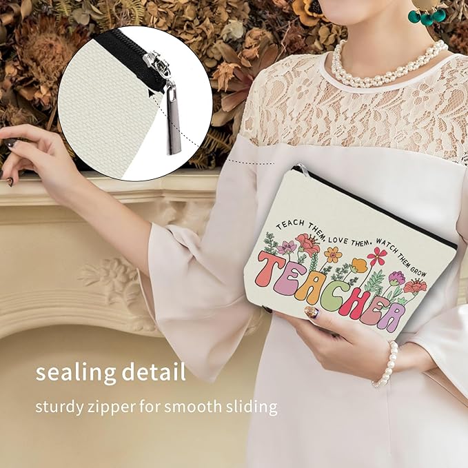 Teacher Appreciation Gifts Makeup Bag: Floral Themed Cosmetic & Toiletry Organizer Pouch For Women & Girls Teachers - Ideal Gift for Travel, Birthdays, Christmas, Teacher's Day, Thanksgiving Day.