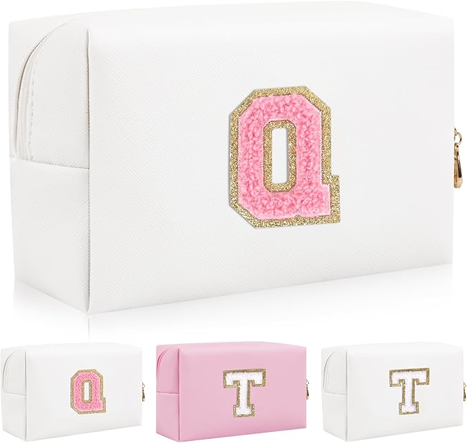 Personalized Initial Letter Patch Makeup Bag, Preppy Portable Chenille Cosmetic Bag with Zipper, PU Leather Waterproof Travel Toiletry Bag Monogram Make Up Pouch for Women Girls