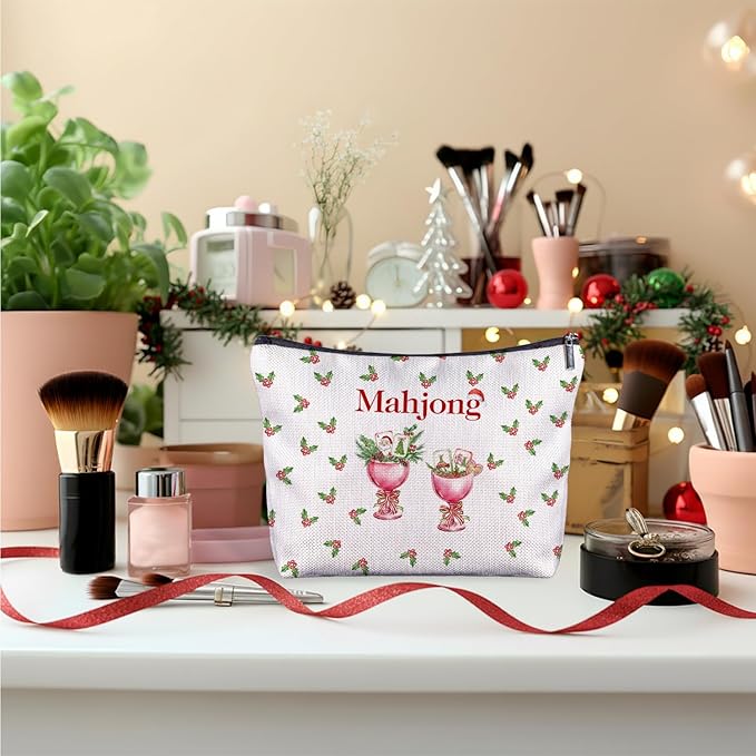 Christmas Mahjong Cocktail Makeup Bag, Mahjong Lover Player Gifts Cosmetic Bags for Women, Gifts for Cocktail Lovers, Christmas Holly Berry Mah Jong Makeup Zipper Pouch