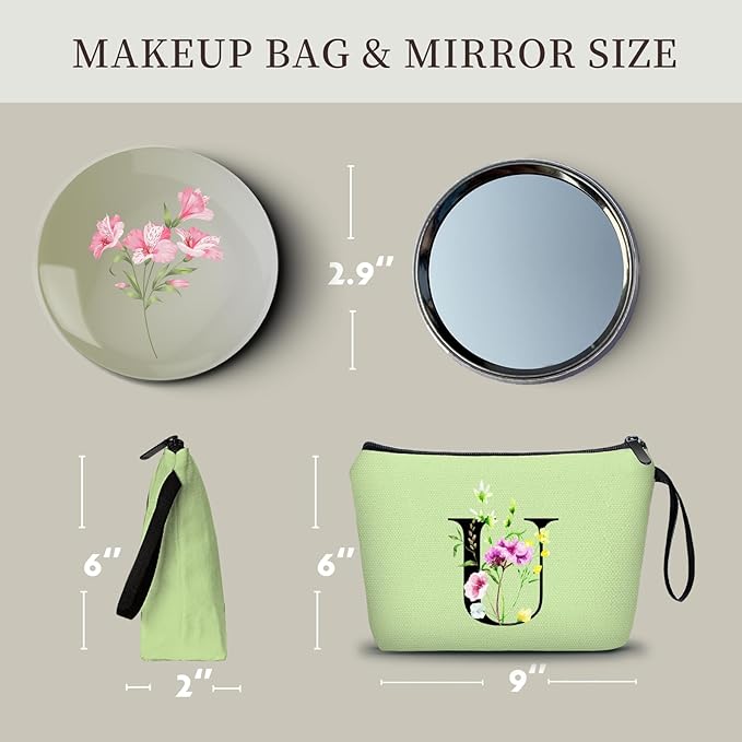 Birthday Thank You Appreciation Monogrammed Gifts for Mom Aunt Teacher Sister Friend Coworkers Bride Bridesmaid Makeup Cosmetic Bag with Mirror Mothers Day Christmas Graduation U