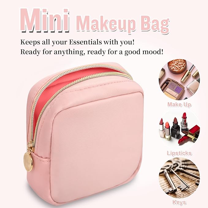 Nylon Mini Makeup Bag for Purse, Preppy Small Cute Pink Makeup Bag Cosmetic Zipper Pouch Purse, Waterproof Travel Coin Pouch Sanitary Napkin Storage Bag Clutch Makeup Organizer for Women Girls(Pink)