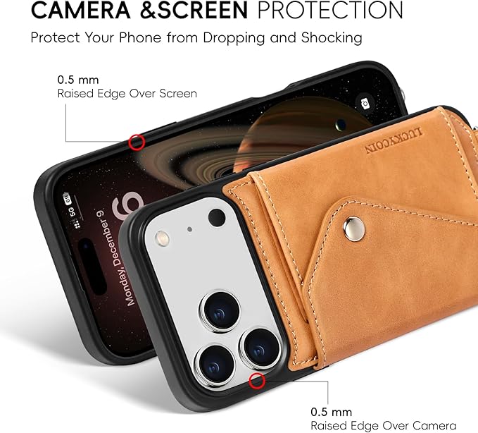 LUCKYCOIN Crossbody Wallet Phone Case for iPhone 17 Pro Max,100% Genuine Leather Wallet Phone Case with Expandable Flip Card Holder,Phone Purse for Women with Adjustable Removable Strap - Brown