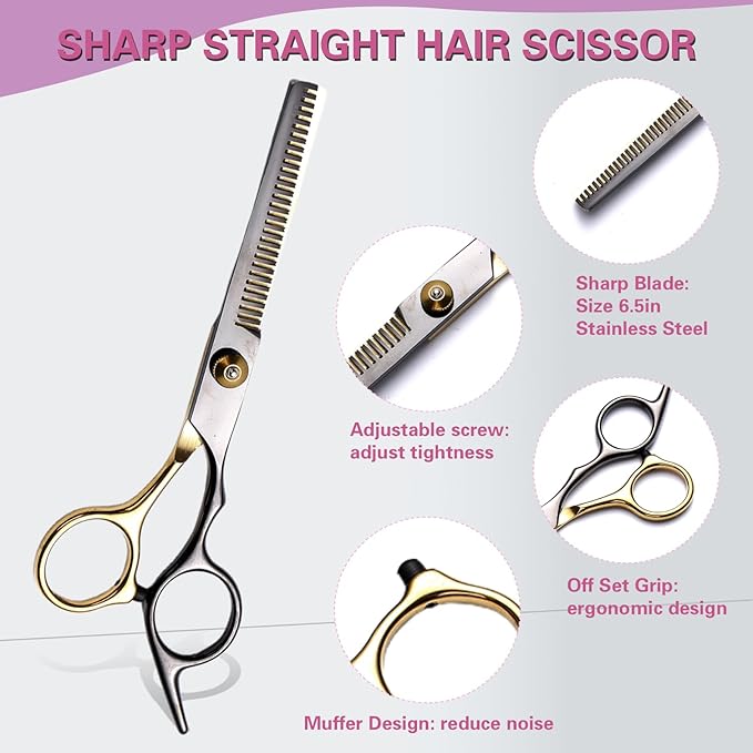 Hair Cutting Scissors Kit 11PCS, Professional Haircut Scissors with Japanese Stainless Steel Shears, Thinning Shears, Haircut Accessories in Leather Case for Salon/Home (Black - Gold)