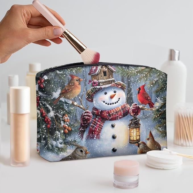 COEQINE Small Makeup Pouch for Purses for Women Leather Snowman Purse Cosmetic Bag Cute Toiletry Travel Bag For Friend for Holiday Birthday Christmas Gifts