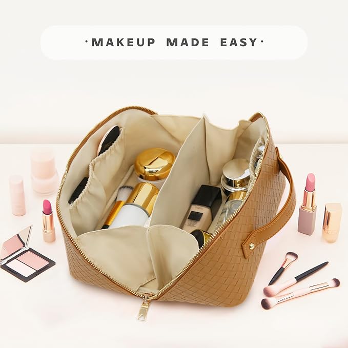 Travel Makeup Bag – Large Cosmetic Organizer with Waterproof PU Leather, Smooth Double Zipper & Tear-Resistant Lining, Toiletry Pouch for Women (Caramel)