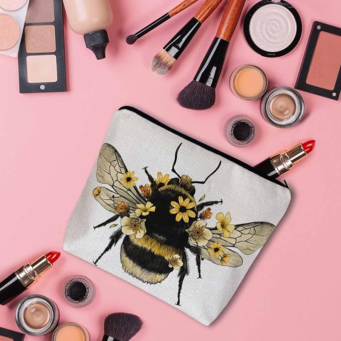 Women Makeup Organizer Bag Bumblebee Bumblebee Honey Bee Sunflowers Yellow Flax Cosmetic Bag Makeup Bags Toiletry Bag Accessories Organizer Travel Bags For Home Bathroom Office Hotel Gym